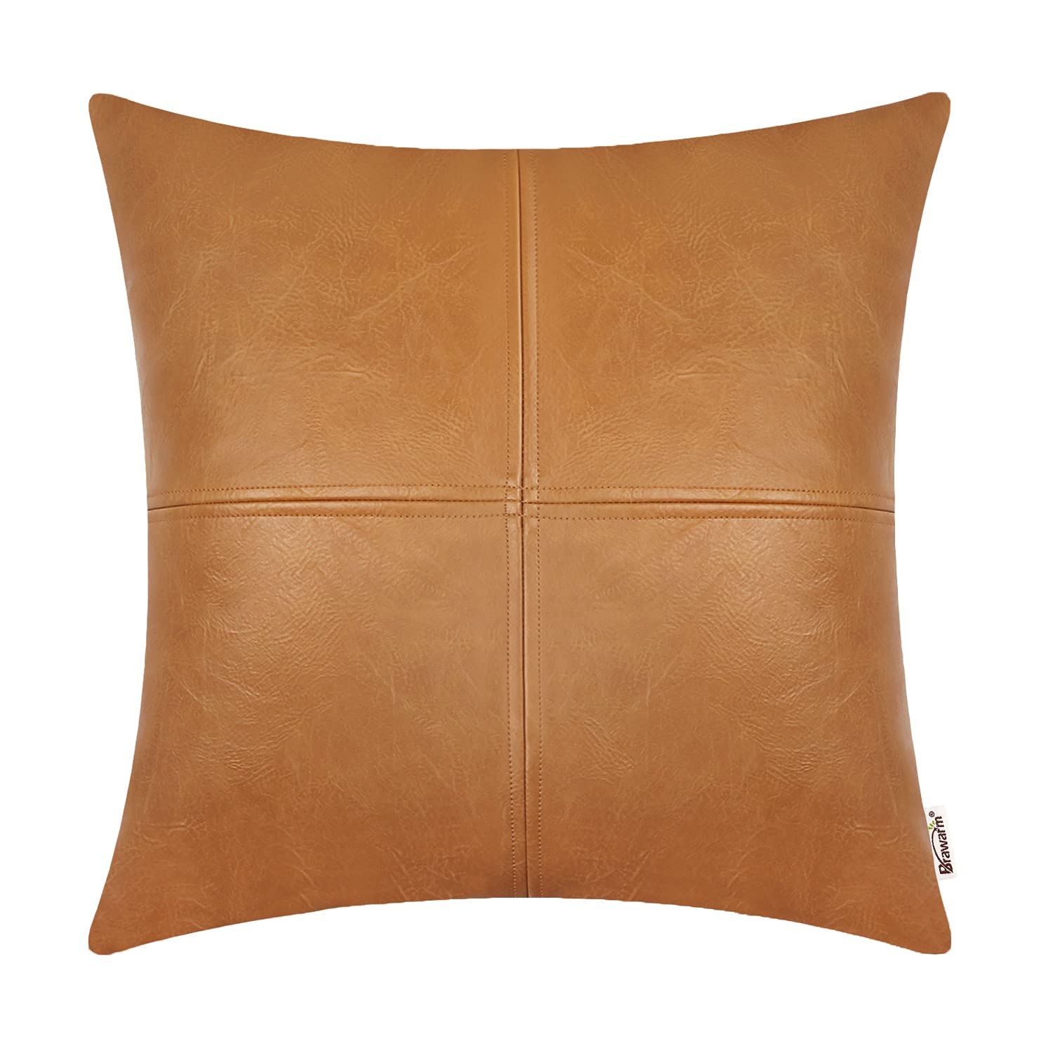 Brawarm Faux Leather Throw Pillow Covers 16 X 16 Inches, Tan Leather Pillow Cover, Hand Stitched Leather Decorative Pillow Cover
